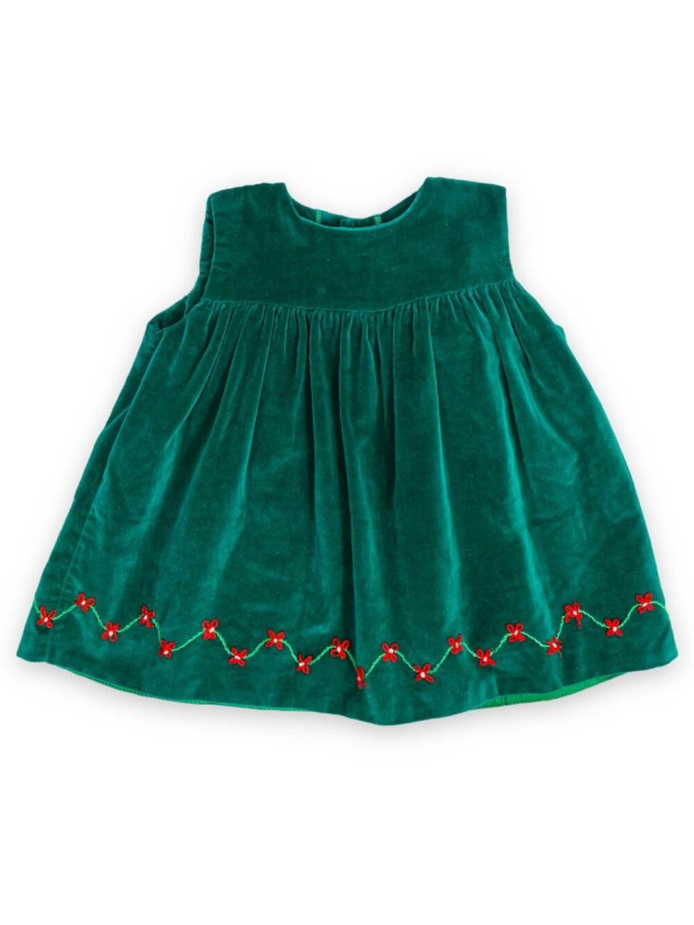Vintage Baby Girls Green Velvet Flower Embroidered Sleeveless Swing Dress 12m